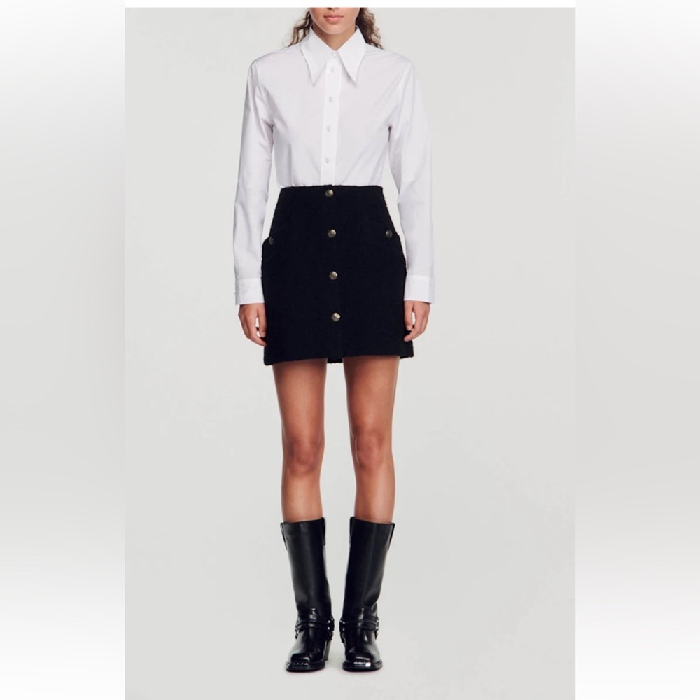 Sandro Black Bouclé-tweed Mini Skirt With Gold-tone Buttons.